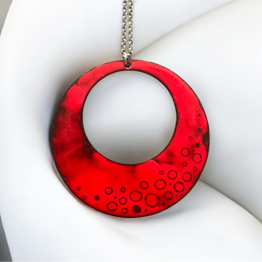 💖 Artisan Enamel Copper Circle Pendant Sterling Silver Necklace 💖